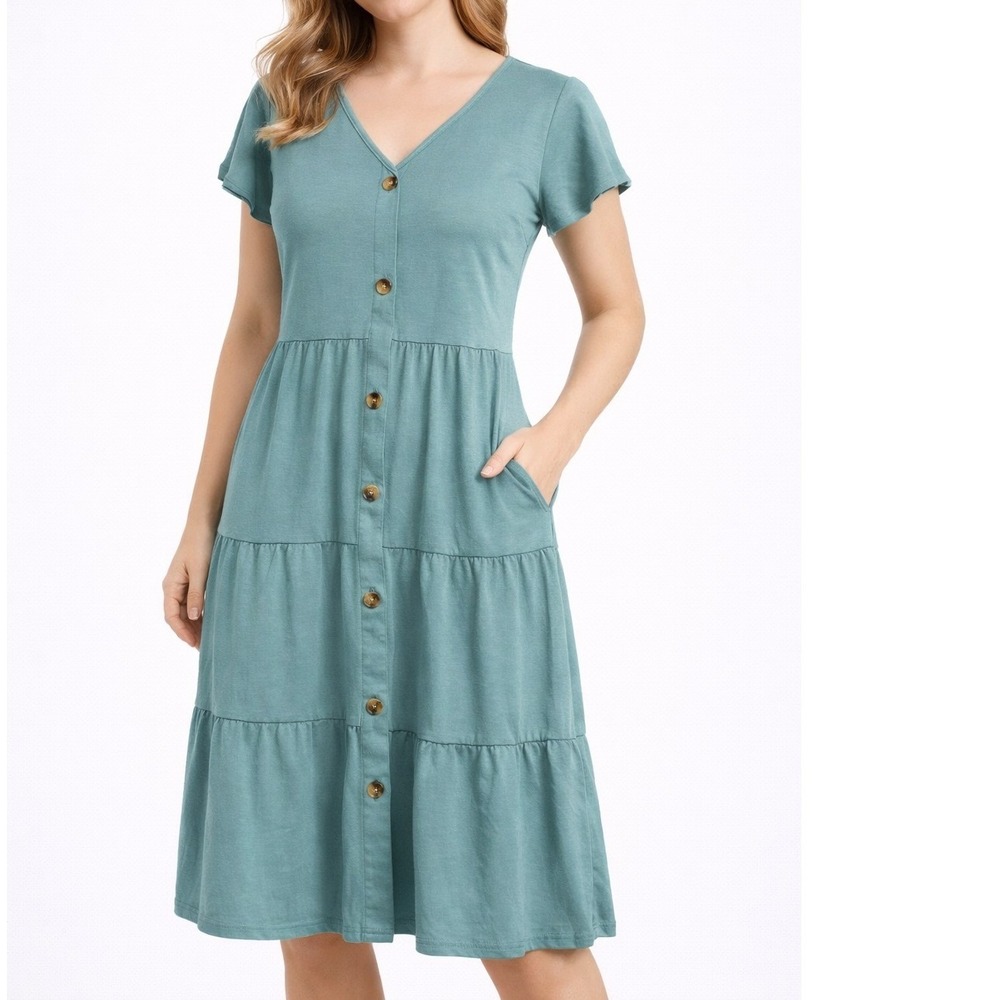 PLMOKEN Midi Dress Sage‎ Green Teal Womens Size M Tiered Button Front V-Neck NWT